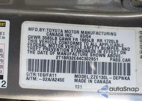 2004 Toyota Corolla Le from USA, damaged, VIN 2T1BR32E64C302851